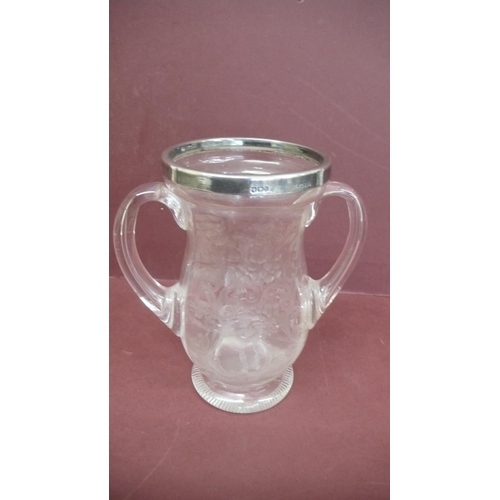 116 - Late Victorian etched clear glass two handled vase with silver rim and decoration of flora and fauna... 