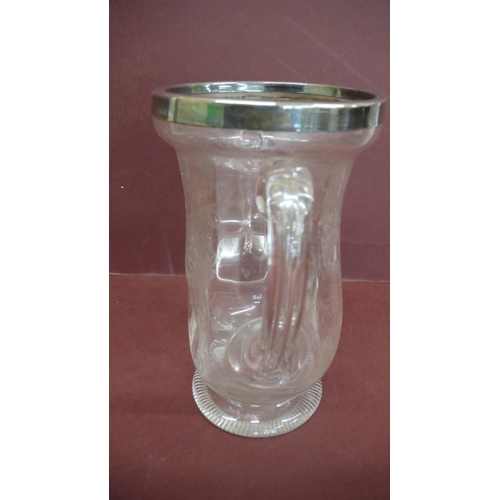 116 - Late Victorian etched clear glass two handled vase with silver rim and decoration of flora and fauna... 