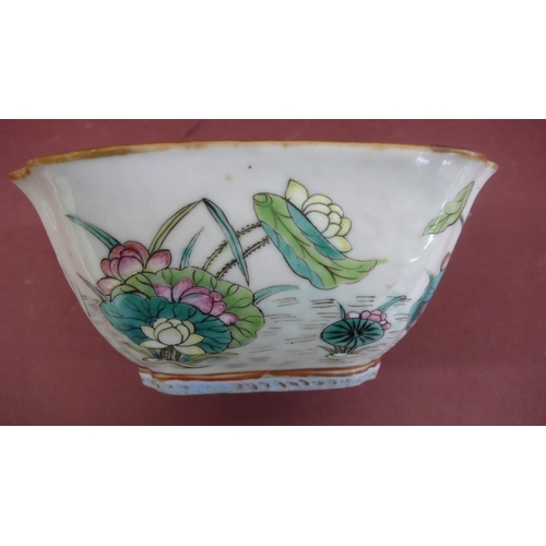 118 - Chinese porcelain square shaped bowl with turquoise glaze decoration of water fowl, water lilies and... 