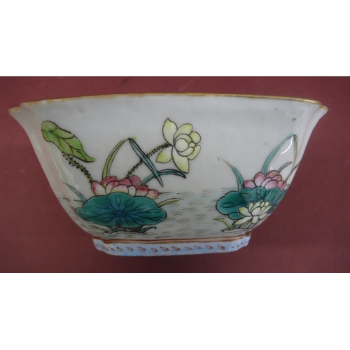 118 - Chinese porcelain square shaped bowl with turquoise glaze decoration of water fowl, water lilies and... 