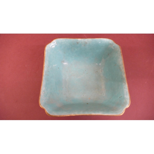 118 - Chinese porcelain square shaped bowl with turquoise glaze decoration of water fowl, water lilies and... 