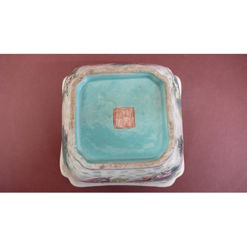 118 - Chinese porcelain square shaped bowl with turquoise glaze decoration of water fowl, water lilies and... 