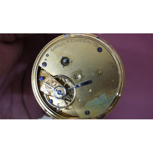 121 - 18 ct. gold cased key wind pocket watch maker Thos Bunyan Manchester No. 3992 - Chester 1854 - Maker... 