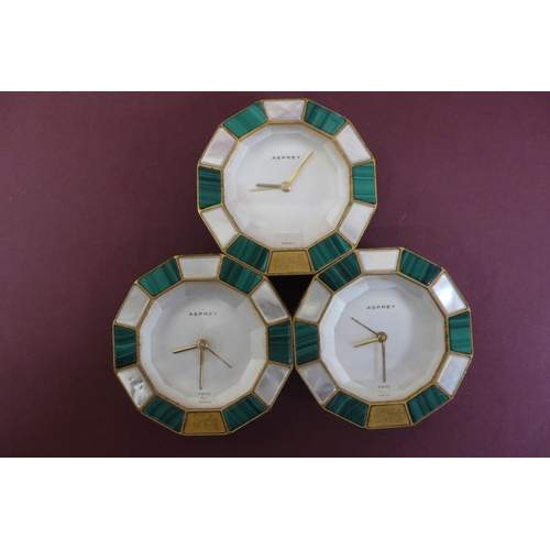 130 - Asprey Quartz triple twelve sided mantel clock with malachite and mother of pearl borders - ht. 6 in... 