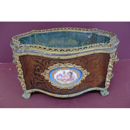 132 - 19th/20thC French Kingwood marquetry serpentine sided ormolu mounted jardiniere with oval Sevres por... 