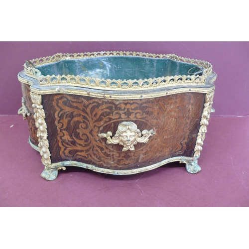 132 - 19th/20thC French Kingwood marquetry serpentine sided ormolu mounted jardiniere with oval Sevres por... 