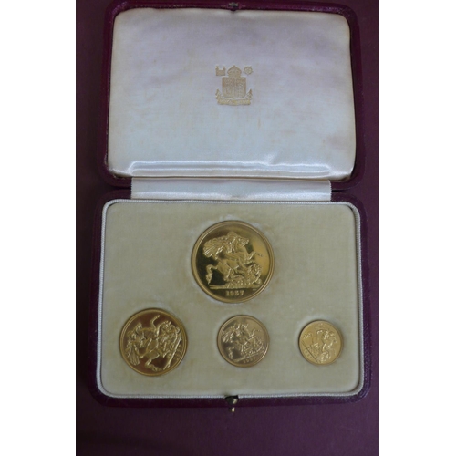 135 - 1937 George VI specimen four coin gold set in original case £5, £2, sovereign and half sovereign - t... 