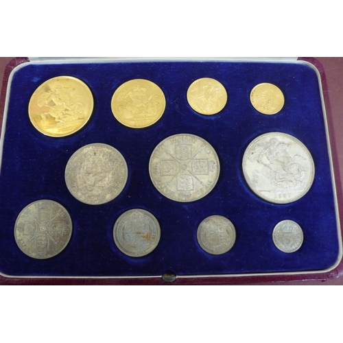 136 - 1887 Victorian Specimen eleven gold and silver coin set cased £5, £2, sovereign, half sovereign, cro... 