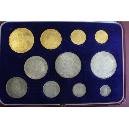 136 - 1887 Victorian Specimen eleven gold and silver coin set cased £5, £2, sovereign, half sovereign, cro... 