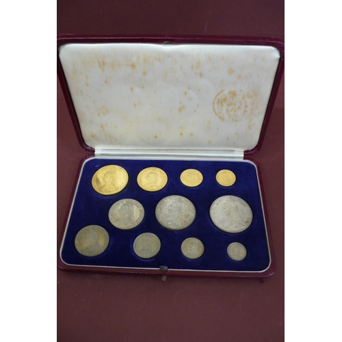 136 - 1887 Victorian Specimen eleven gold and silver coin set cased £5, £2, sovereign, half sovereign, cro... 