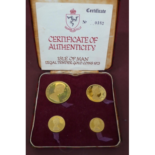 138 - 1973 Isle of Man four gold coin set cased with certificate No. 0182 £5, £2, sovereign and half sover... 