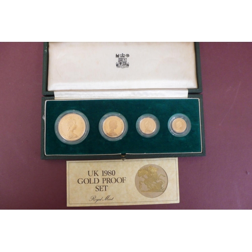 139 - 1980 UK gold four coin proof set cased £5, £2, sovereign and half sovereign with certificate