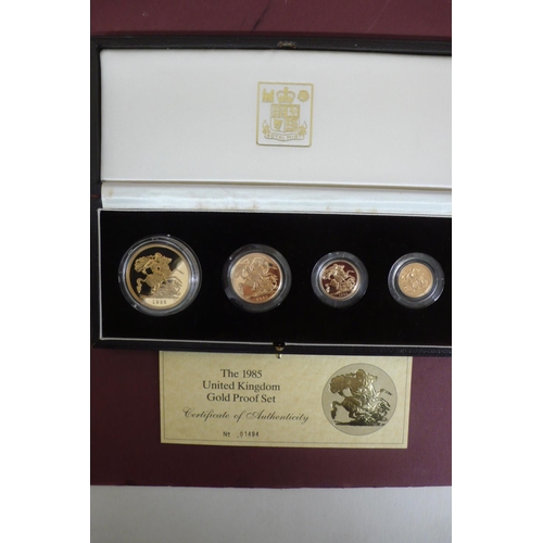 140 - 1985 UK gold four coin proof set cased £5, £2, sovereign and half sovereign with certificate