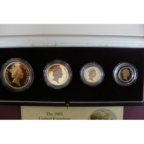 140 - 1985 UK gold four coin proof set cased £5, £2, sovereign and half sovereign with certificate