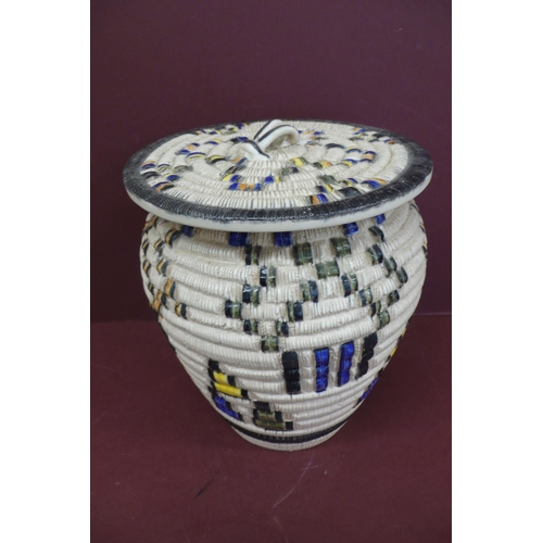 144 - Gorbon Senat pottery jar with cover in the form of a basket - ht. 9 ins