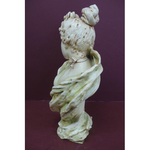 146 - Art Nouveau porcelain head and shoulders of a girl with a bun and green scarf signed E. Stellura ? -... 