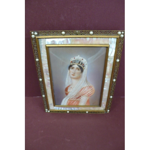 150 - Gerard, a portrait of a Princess, oil on card, brass mother of pearl and pearl frame, signed, 5.5 x ... 