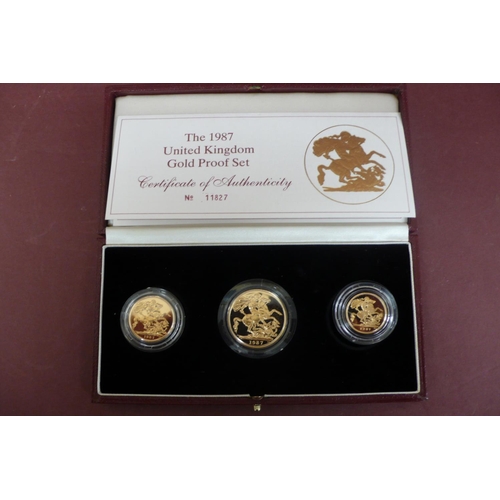 158 - 1987 UK gold proof three coin set cased with certificate No. 11827 £2, sovereign and half sovereign