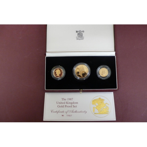 158 - 1987 UK gold proof three coin set cased with certificate No. 11827 £2, sovereign and half sovereign