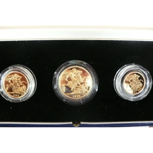 159 - 1988 UK gold proof three coin set cased with certificate No. 00432 £2 sovereign and half sovereign