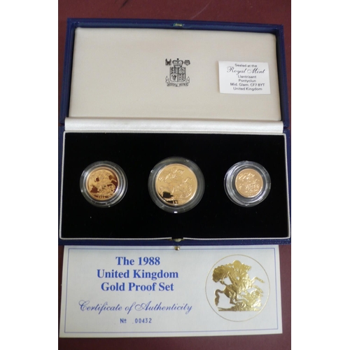 159 - 1988 UK gold proof three coin set cased with certificate No. 00432 £2 sovereign and half sovereign