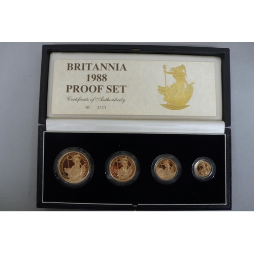 160 - 1988 UK gold proof Britannia four coin set cased with certificate No 2711 £5, £2, sovereign and half... 