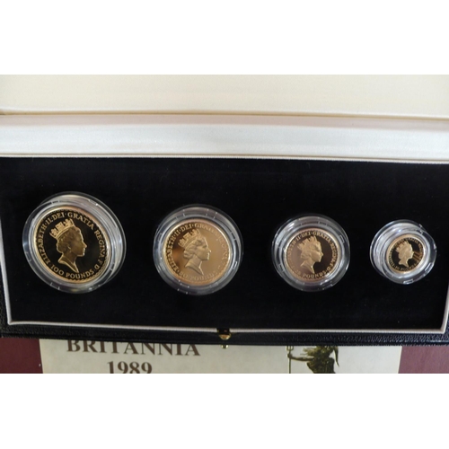 161 - 1989 UK gold proof Britannia four coin set cased with certificate No. 0730 £5, £2, sovereign and hal... 