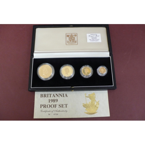 161 - 1989 UK gold proof Britannia four coin set cased with certificate No. 0730 £5, £2, sovereign and hal... 