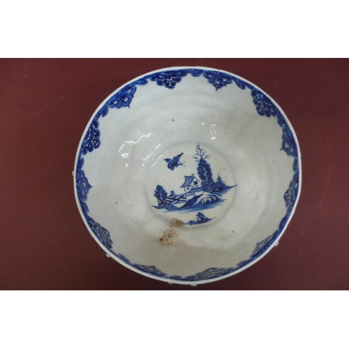 168 - Worcester style blue and white porcelain bowl with decoration of flowers and insect to bowl, pagodas... 