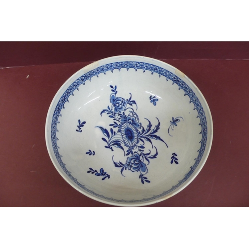 168 - Worcester style blue and white porcelain bowl with decoration of flowers and insect to bowl, pagodas... 