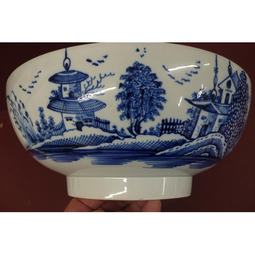 168 - Worcester style blue and white porcelain bowl with decoration of flowers and insect to bowl, pagodas... 