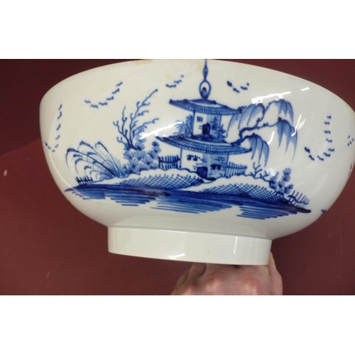 168 - Worcester style blue and white porcelain bowl with decoration of flowers and insect to bowl, pagodas... 