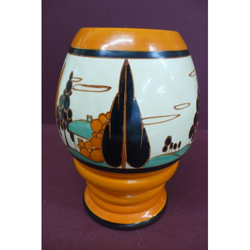 170 - Clarice Cliff Bizarre Fantasque orange trees and house pattern ribbed vase - ht. 8 ins