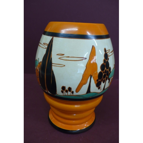 170 - Clarice Cliff Bizarre Fantasque orange trees and house pattern ribbed vase - ht. 8 ins