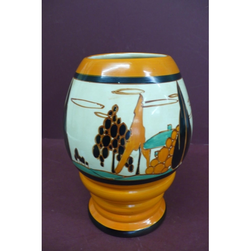 170 - Clarice Cliff Bizarre Fantasque orange trees and house pattern ribbed vase - ht. 8 ins