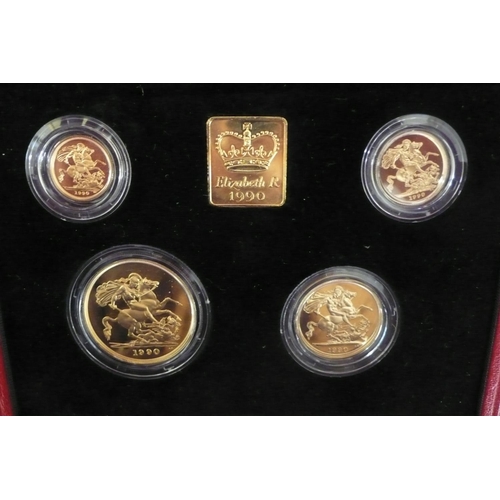 180 - The 1990 UK gold proof sovereign four coin set - cased with certificate No. 1206, £5,£2, sovereign a... 