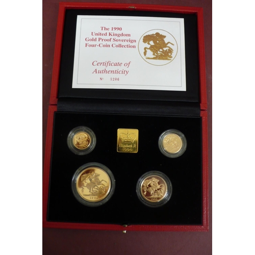 180 - The 1990 UK gold proof sovereign four coin set - cased with certificate No. 1206, £5,£2, sovereign a... 