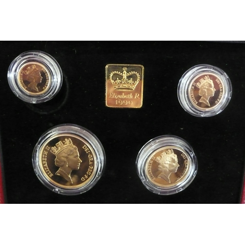 180 - The 1990 UK gold proof sovereign four coin set - cased with certificate No. 1206, £5,£2, sovereign a... 