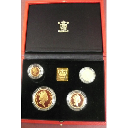 180 - The 1990 UK gold proof sovereign four coin set - cased with certificate No. 1206, £5,£2, sovereign a... 