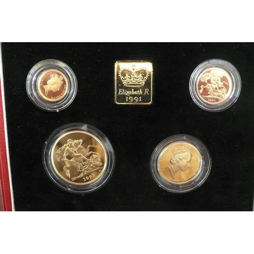 182 - The 1991 UK gold proof sovereign four coin set - cased with certificate No. 0944, £5, £2, sovereign ... 