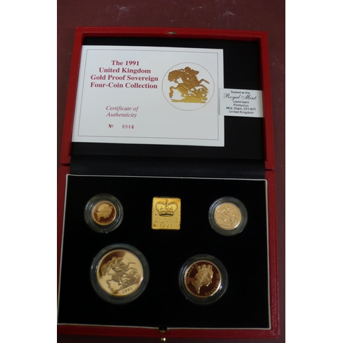 182 - The 1991 UK gold proof sovereign four coin set - cased with certificate No. 0944, £5, £2, sovereign ... 