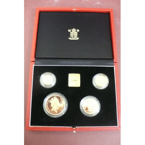 182 - The 1991 UK gold proof sovereign four coin set - cased with certificate No. 0944, £5, £2, sovereign ... 