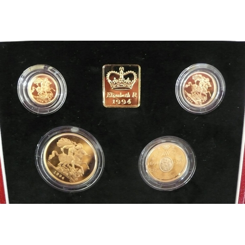 183 - The 1994 UK gold proof sovereign four coin set - cased with certificate No. 0865, £5, £2, sovereign ... 