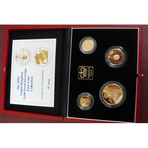 183 - The 1994 UK gold proof sovereign four coin set - cased with certificate No. 0865, £5, £2, sovereign ... 