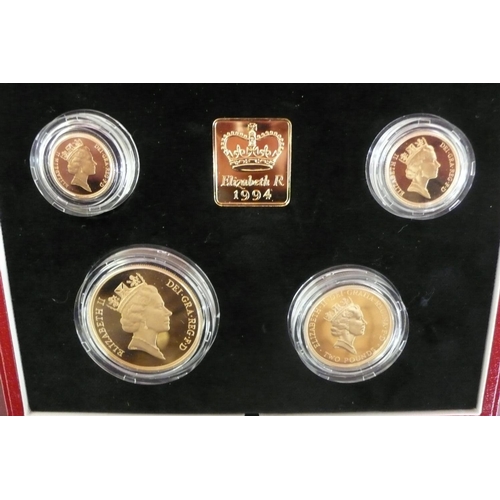 183 - The 1994 UK gold proof sovereign four coin set - cased with certificate No. 0865, £5, £2, sovereign ... 