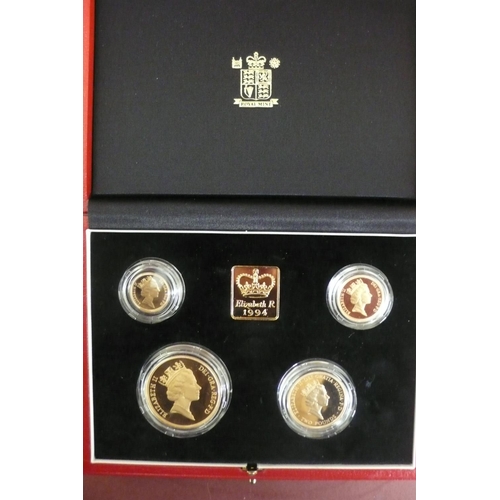 183 - The 1994 UK gold proof sovereign four coin set - cased with certificate No. 0865, £5, £2, sovereign ... 