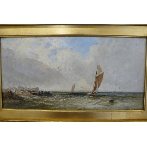 190 - James Edwin Meadows (1828 - 1888), sailing ships off a fishing village, oil on canvas, signed and da... 