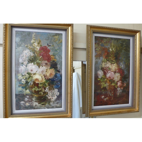 194 - Franz Hoepfner, still life vases of flowers, oils on canvas (pair), signed one dated 1889, 20 X 12in... 