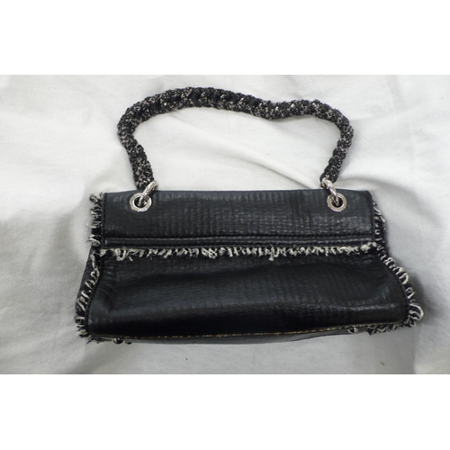 196 - Chanel black leather tweedy flap bag - having plaited material and chrome link handle, chrome fittin... 