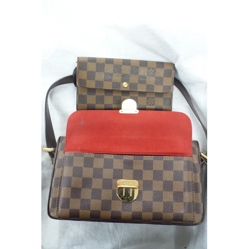 201 - Louis Vuitton, Paris, brown leather chequered handbag with gold plated fittings, leather belt handle... 